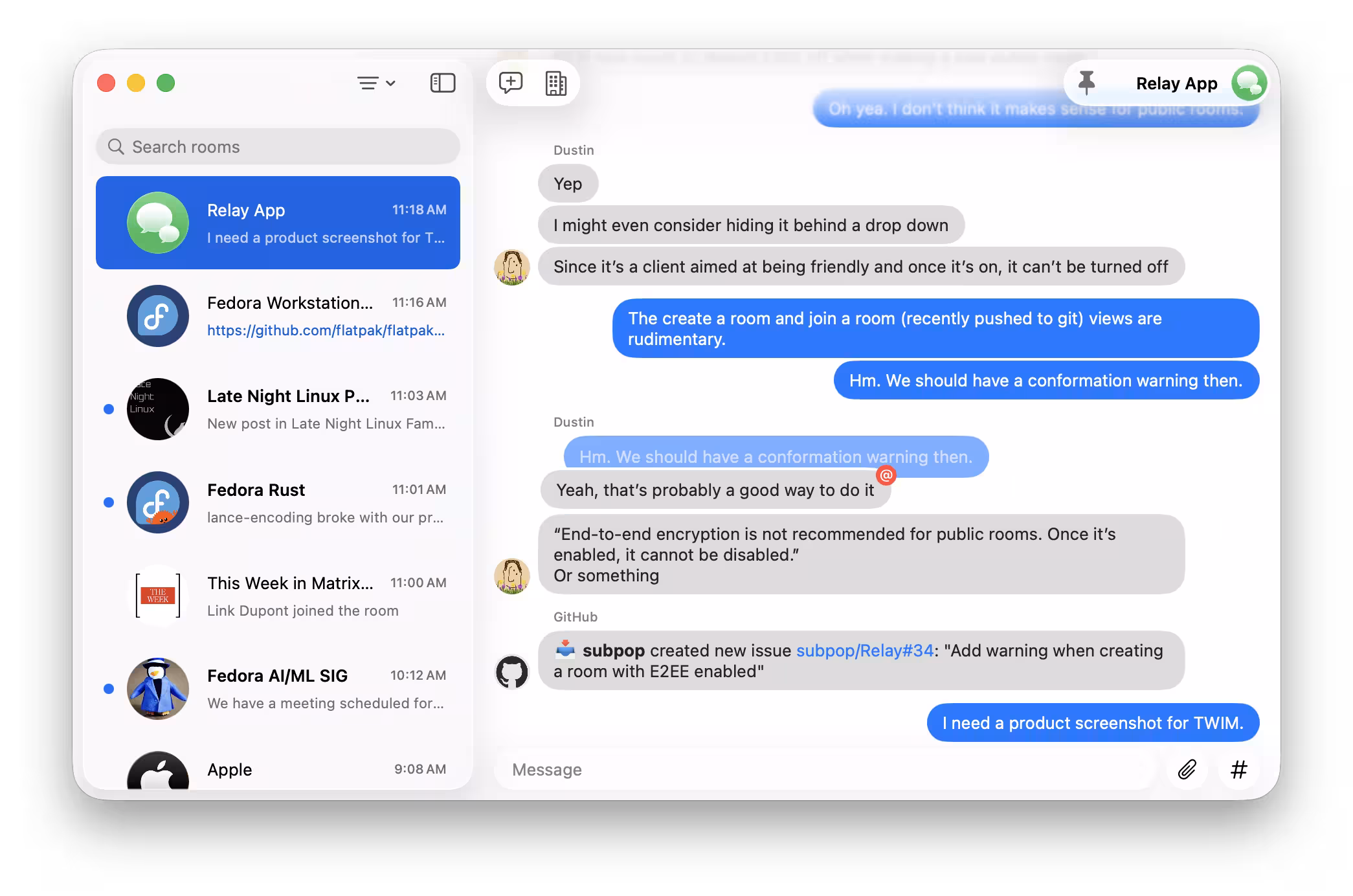 A screenshot of Relay, a Matrix client for macOS. It sticks to macOS Human Interface Guidelines.